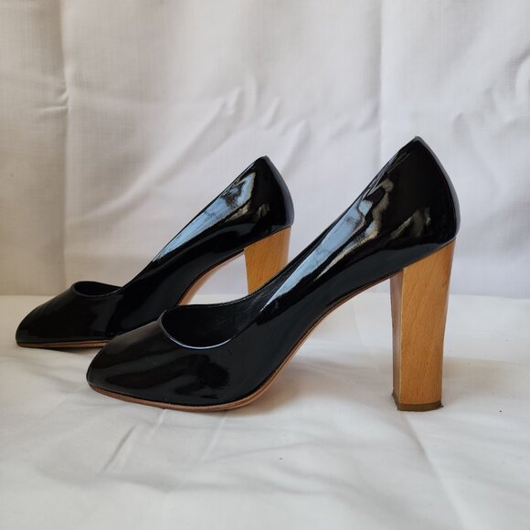 Y2K Vibes Chunky Wooden Heel, Stuart Weitzman Patent Peep Toe Heels Women's 9M - Picture 1 of 16